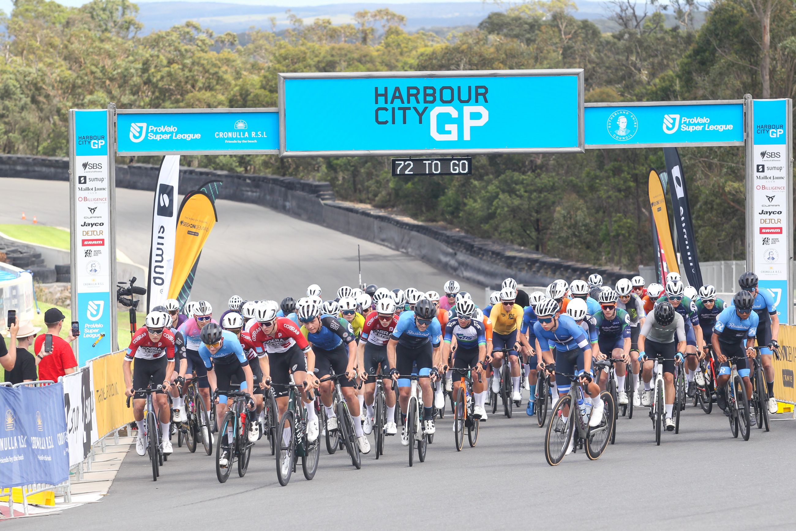 The men's peloton during the men's Harbour City GP, part of the ProVelo Super League (PSL)